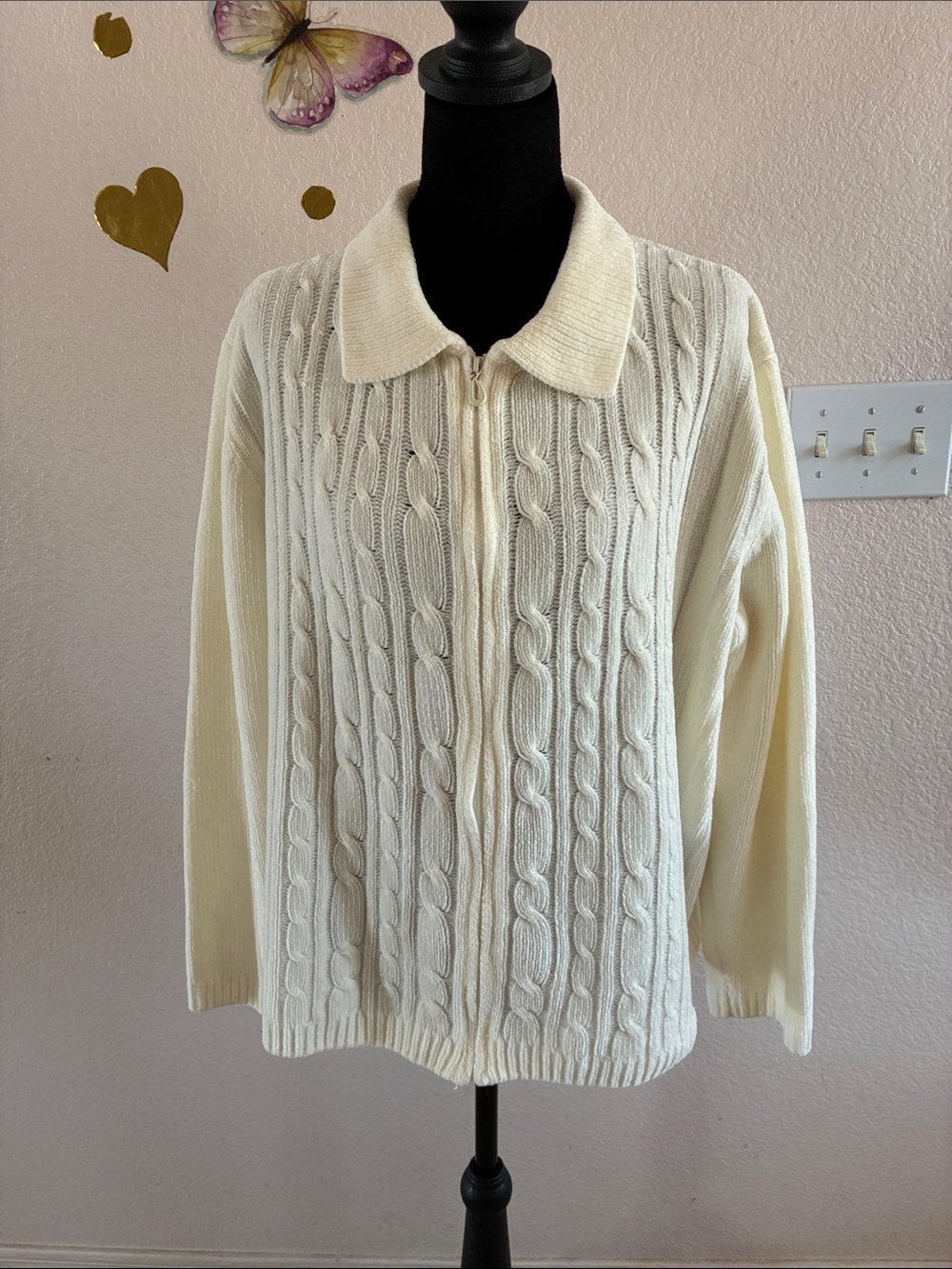 Alfred Dunner Cream Cable Knit Zip-Up Sweater Size L